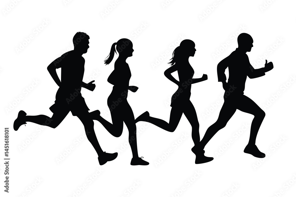 Four runners in silhouette, highlighting athleticism. Four runners in silhouette, highlighting athleticism.