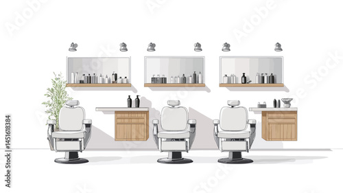 This image shows a digital interior design of a modern barbershop. Three identical barber chairs with round bases and white cushions are placed in a row, equidistant from each other.