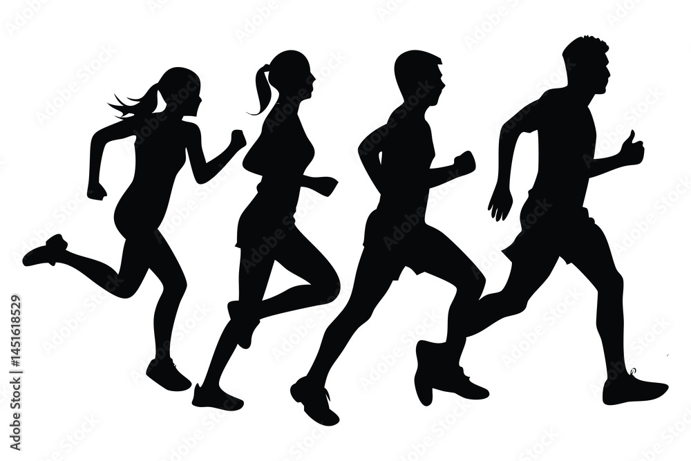 Fototapeta premium Four runners in silhouette, dynamic action shot
