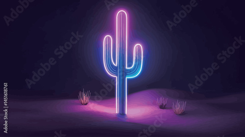 digital 3D rendering depicts a stylized cactus in vivid neon pink and blue hues. The cactus is the central focus of the image, standing against a dark, textured desert background.