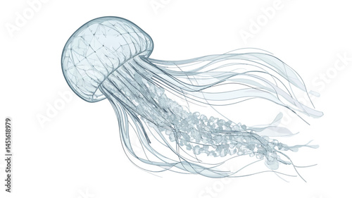 Presenting a detailed pencil sketch or digital illustration of a jellyfish. The jellyfish is depicted in a light blue, almost translucent hue, highlighting its delicate nature.
