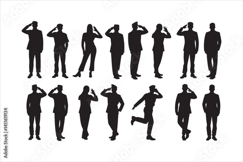Silhouette of Saluting Soldiers and Officers in Uniform