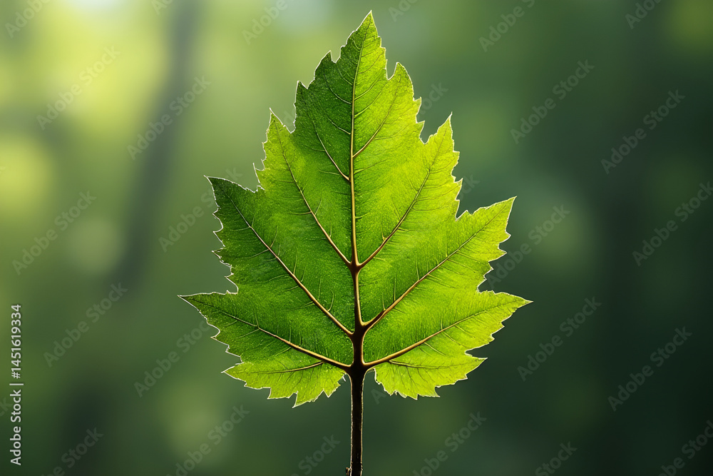 Fototapeta premium Backlit green leaf glowing in the sunlight with blurred green background