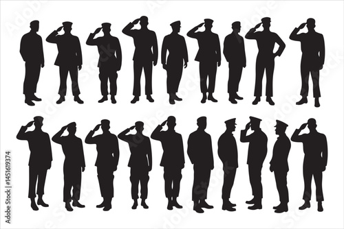 Silhouette of Saluting Soldiers and Officers in Uniform