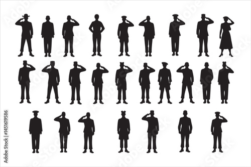 Silhouette of Saluting Soldiers and Officers in Uniform