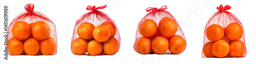 A stack of netted bags containing fresh oranges or tangerines. long_title:A collection of netted bags filled with bright orange citrus fruits, likely