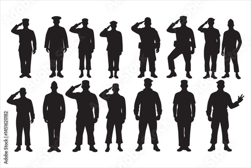 Silhouette of Saluting Soldiers and Officers in Uniform