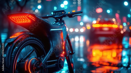 Electric bike on a city street at night.  Modern, futuristic e-bike with LED lights, parked on a wet street. Night city lights in the background