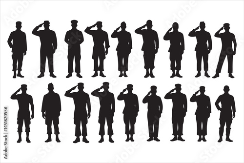 Silhouette of Saluting Soldiers and Officers in Uniform