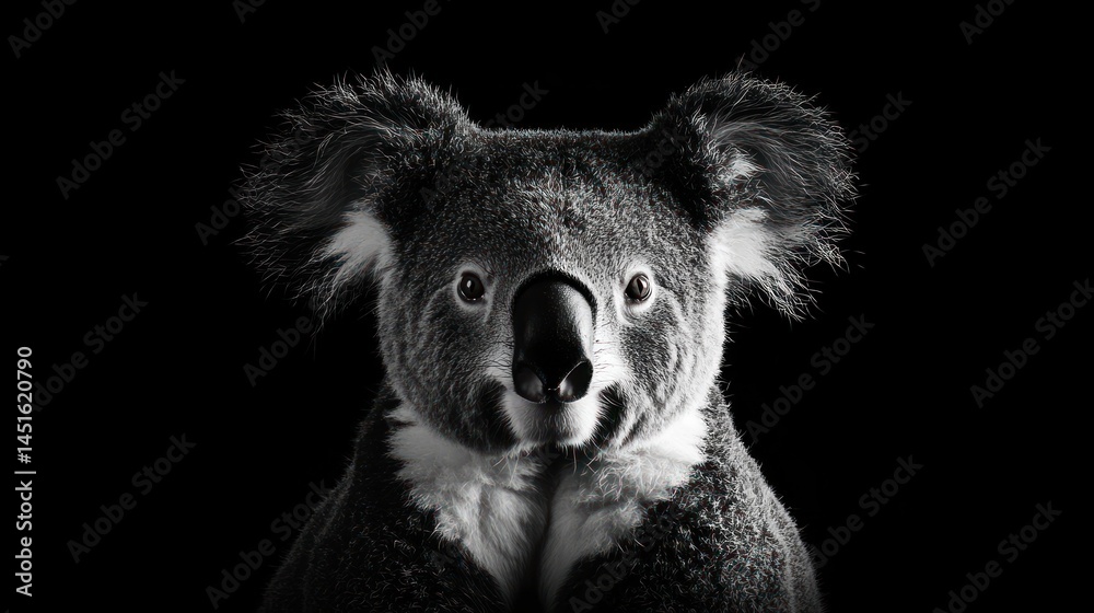 A grayscale close-up of a koala, centered against a stark black background A grayscale close-up of a koala, centered against a stark black background