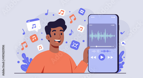 A man listening to AI-generated music on a smartphone, celebrating creativity and technology in the music industry
