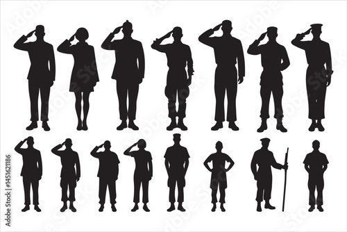 Silhouette of Saluting Soldiers and Officers in Uniform
