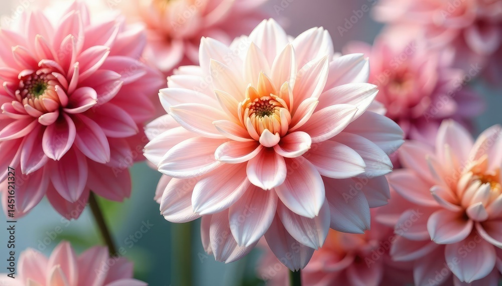 Fototapeta premium Elegant dahlia repeating pattern, soft focus, pastel shades, texture, bloom
