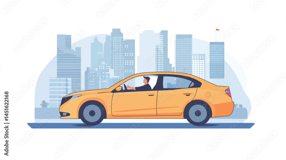 Naklejka premium A stylized vector illustration of a yellow car in side view, driving on a road with a pastel cityscape in the background. The car is rendered in a flat, minimalist style with clean lines.