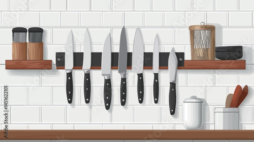 A close up shot of a sleek brown wood magnetic knife strip affixed to a white subway tile backsplash. Eight kitchen knives with black handles are neatly arranged on the strip.
