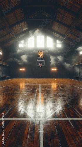 Empty basketball court inside a large, historic gym