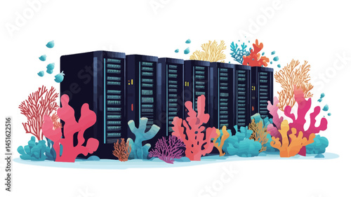 A vibrant digital illustration shows a row of deep blue server racks sitting on the sea floor amid a thriving coral reef. The corals come in a range of hues.