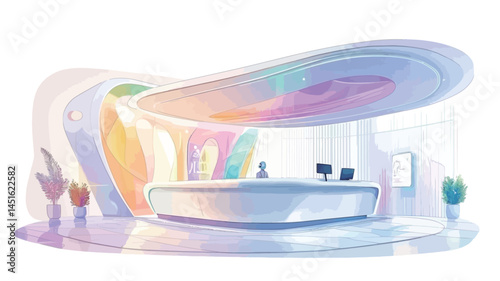 This image shows a digital rendering of a futuristic reception desk. The desk has a fluid, organic shape, featuring smooth curves and a minimalist design.