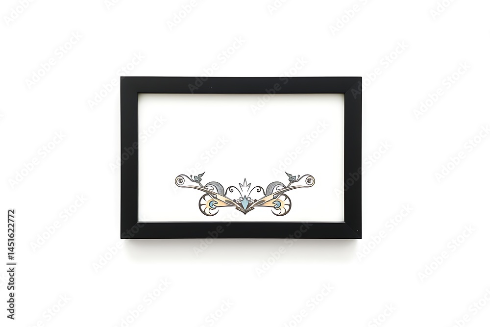 Fototapeta premium Framed Abstract Ornamental Drawing on White Wall, Black Frame, Fine Art , Empty Space Above Illustration for Text or Design, Studio Shot 