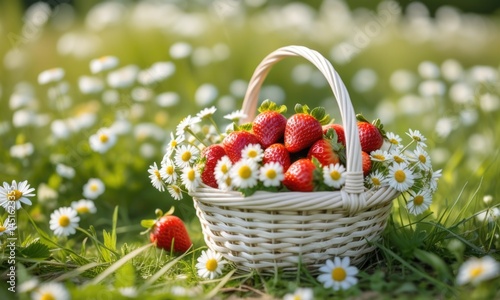 Fresh strawberries in a wicker basket surrounded by blooming daisies in a sunny meadow
