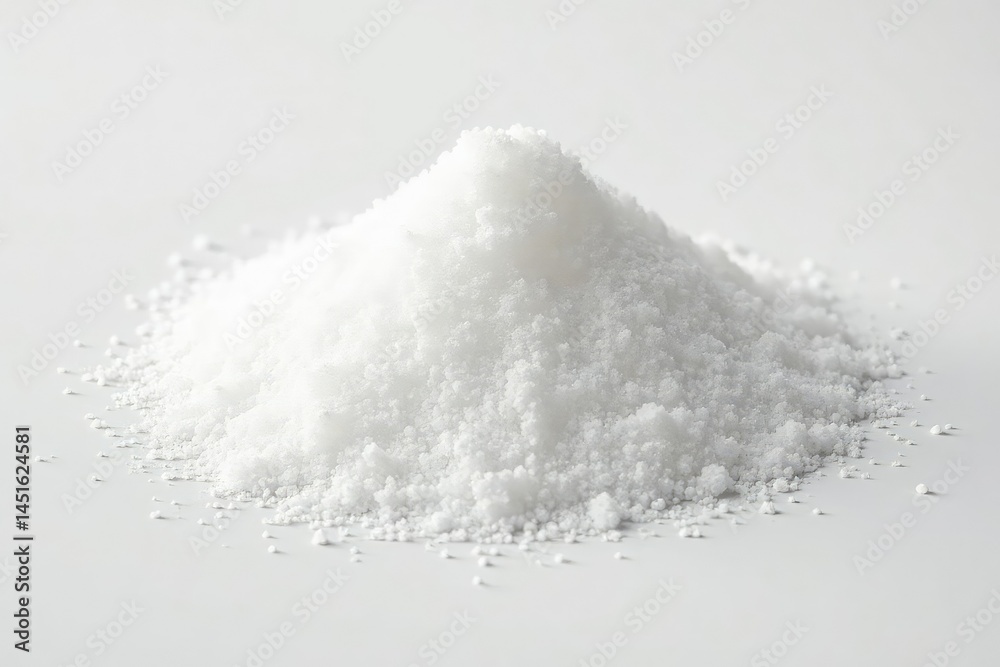 Pile of white sugar crystals on pristine white background, ingredient, granular Pile of white sugar crystals on pristine white background, ingredient, granular