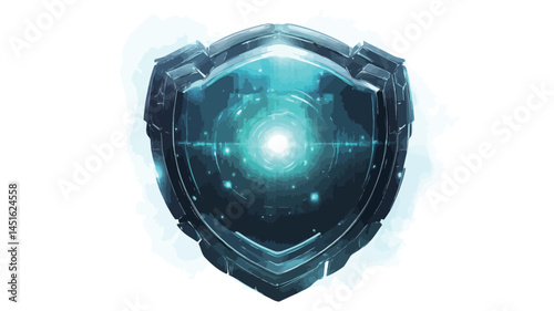 A stylized digital rendering of a shield, highly realistic. The shield has a dark metallic texture, with sharp edges and slight angles. An internal light source creates a three-dimensional effect.