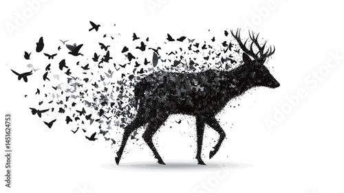 Wallpaper Mural A stylized monochrome illustration of a deer that appears to blend into a flock of birds and butterflies. The image uses a high-contrast silhouette technique, with the deer's outline rendered. Torontodigital.ca