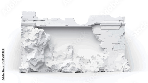 high-key, monochrome image depicting a digitally rendered or sculpted fragment of a ruined wall. The work is predominantly white, with variations in tones suggesting texture and depth.
