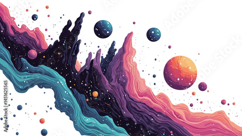 A digital illustration shows an abstract nebula rendered in vivid shades of teal, pink, and purple. The composition appears to have dynamic, fluid forms, resembling swirling clouds or.