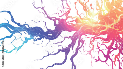 This work presents a visually striking abstract composition. A dynamic network of lines, reminiscent of veins or lightning, dominates the entire picture. These lines convey a vibrant,