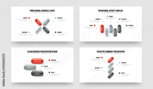 Visual Development Four Five Three Four Option Infographic Slide Design Vector Illustration Bundle. Consulting Review 4 5 3 4 Element Diagram Presentation Layout Set.