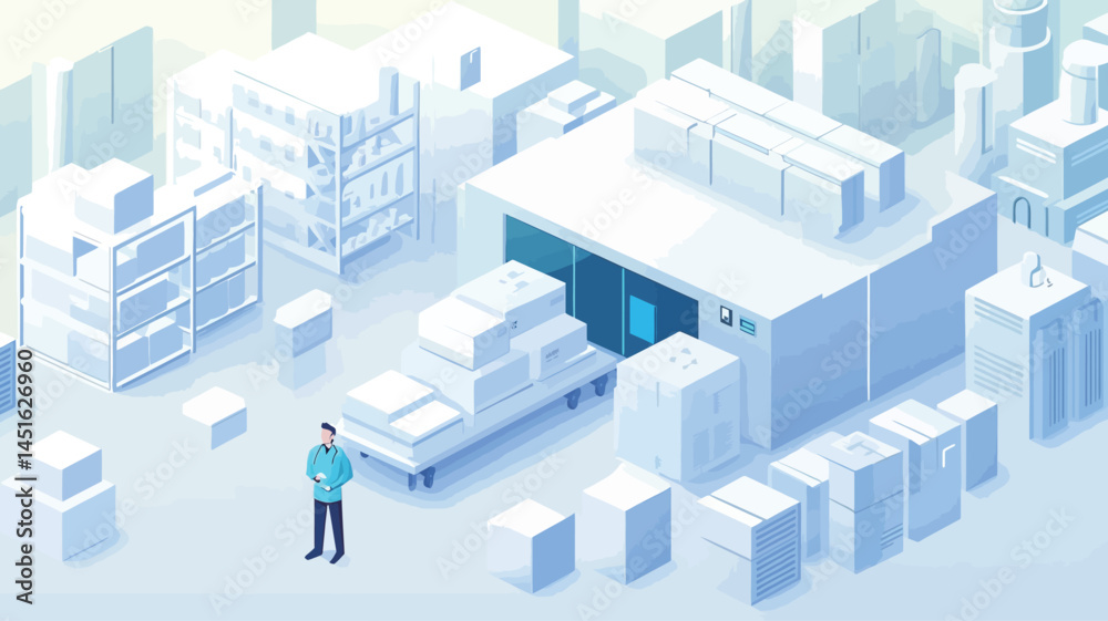 This is a digitally rendered isometric illustration of a cleanroom or laboratory environment. The style is minimalist, using primarily white and light blue tones. This is a digitally rendered isometric illustration of a cleanroom or laboratory environment. The style is minimalist, using primarily white and light blue tones.