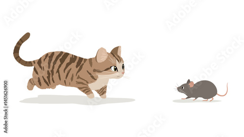 The illustration shows a stylized tabby cat in motion, depicting a chase scene in a dynamic pose. The cat's fur is rendered in simplified stripes in warm brown tones.