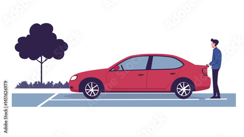 minimalist vector illustration of a red car in profile parked in a designated parking space. A stylized male figure is shown opening the trunk of the car.