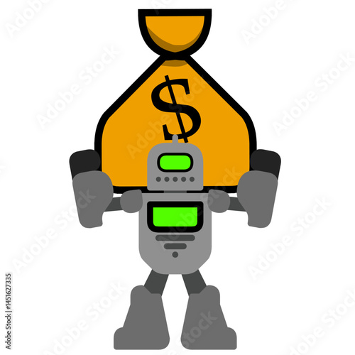 gray robot cartoon character vector design with dollar symbol money bag on his shoulder illustrates about hard work to earn money and money making technology
