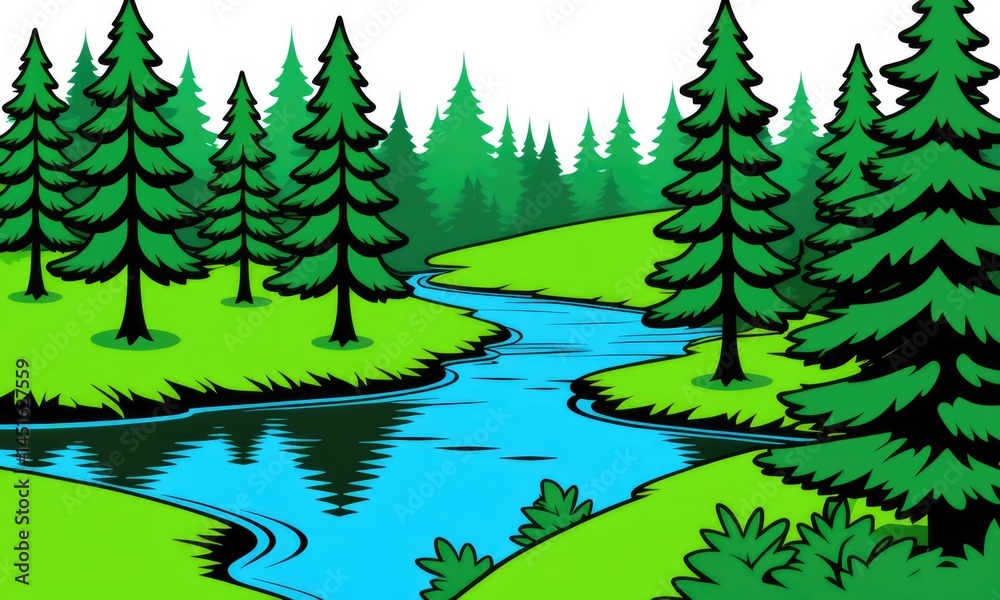 Fototapeta premium Lush forest landscape with river flowing through evergreen trees