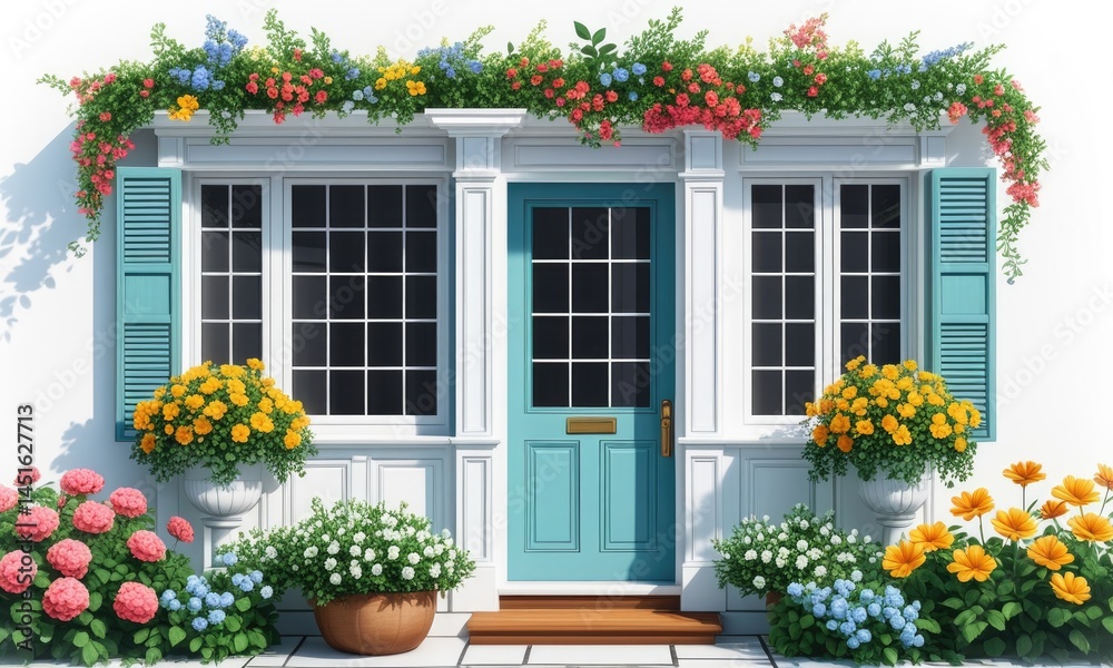 Obraz premium Charming house entrance with vibrant flowers and turquoise door