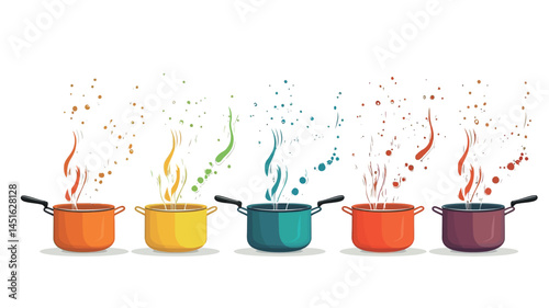 The painting shows five brightly colored flower pots arranged horizontally against a pure white background. Each pot displays a unique color - orange, yellow, cyan, red-orange and dark purple.