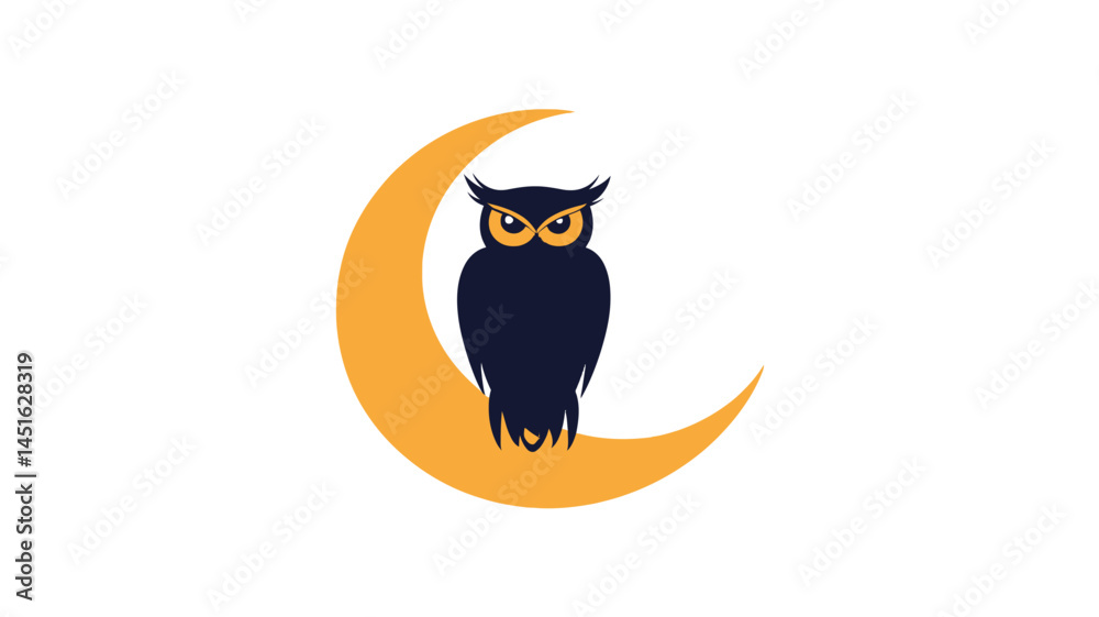 Fototapeta premium A stylized vector illustration of a dark blue owl perched on a bright yellow crescent moon against a pure white background. The owl is rendered in a simplified, almost silhouette-like manner.