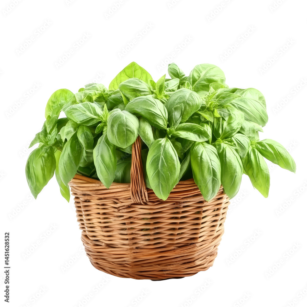 Naklejka premium Fresh sweet basil leaves in a woven basket on a bright transparent background, perfect for culinary use and garnishing dishes, Sweet Basil in basket isolated on transparent background