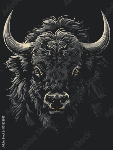 Close up of a bull's face with horns. The image has a dark and moody feel to it, with the bull's eyes staring straight ahead. The horns are large and prominent