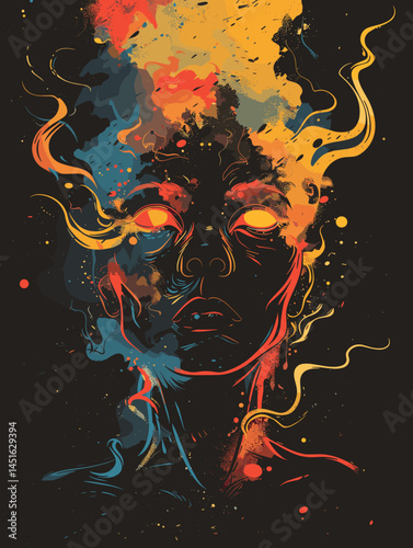 Woman's face is painted with bright colors and has a fiery look. The painting is abstract and has a mood of intensity and passion
