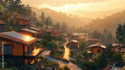 A modular housing community on a hillside, earthquake-resistant structures with solar-paneled roofs, smart rainwater channels lining the streets, distant forest preserved in the backdrop. photo