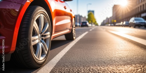 Vibrant red car on sunlit urban street capturing morning drive serenity