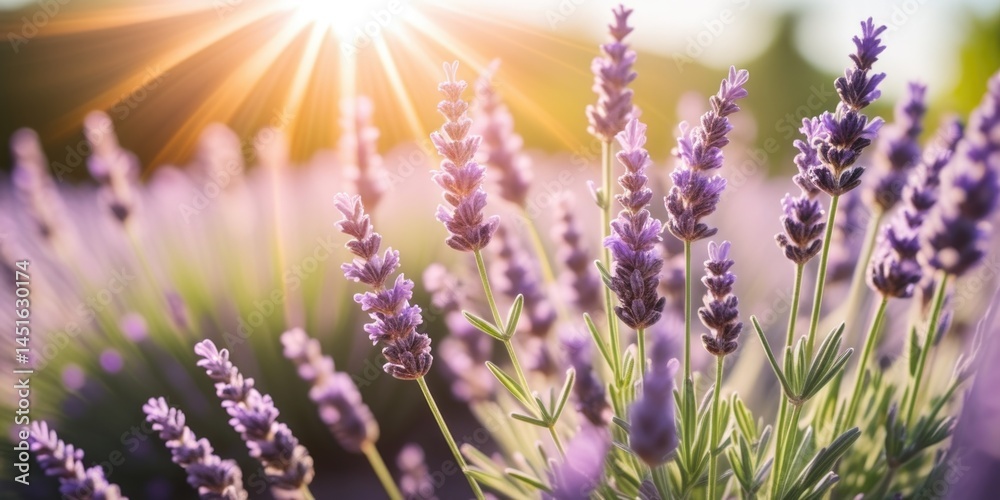 Fototapeta premium Sunlit lavender blossoms in a vibrant field during golden hour