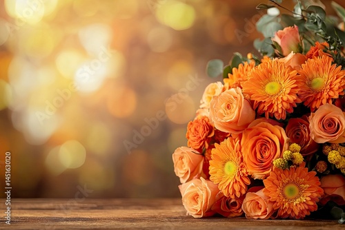 Orange Flowers Bouquet on Wooden Surface