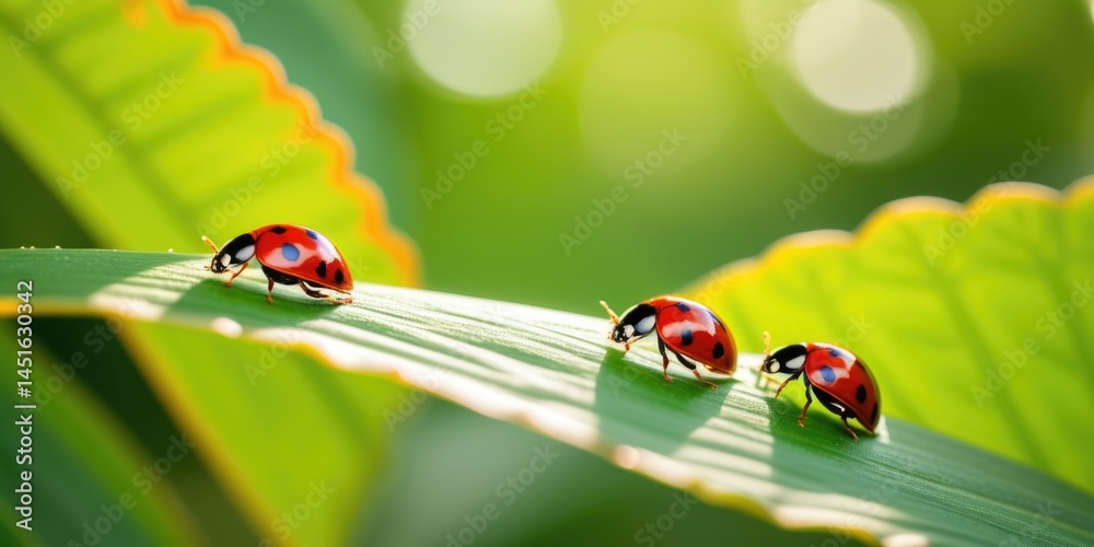 Fototapeta premium Three ladybugs on sunlit leaf with dew in bright natural setting