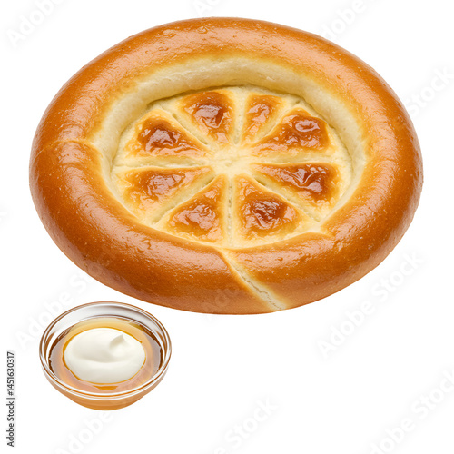 Hot Lepyoshka Bread Beside Kazakh Honey and Cream photo