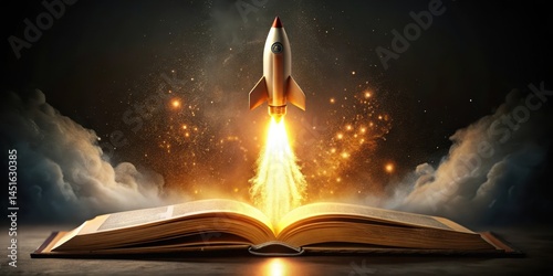 Rocket blasting off from a closed, leather-bound book with golden edges and pages fluttering outwards , explosion, flames
