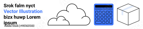 Cloud icon beside a digital calculator and 3D box emphasizing technology, storage, and computing. Ideal for data, analytics, organization, education, technology, cloud computing simple landing page